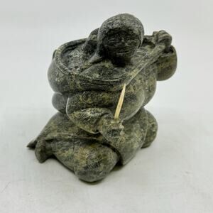 Inuit Hand Carved Serpentine Mother & Child Sculpture by ARCHIE ISHULUTUK